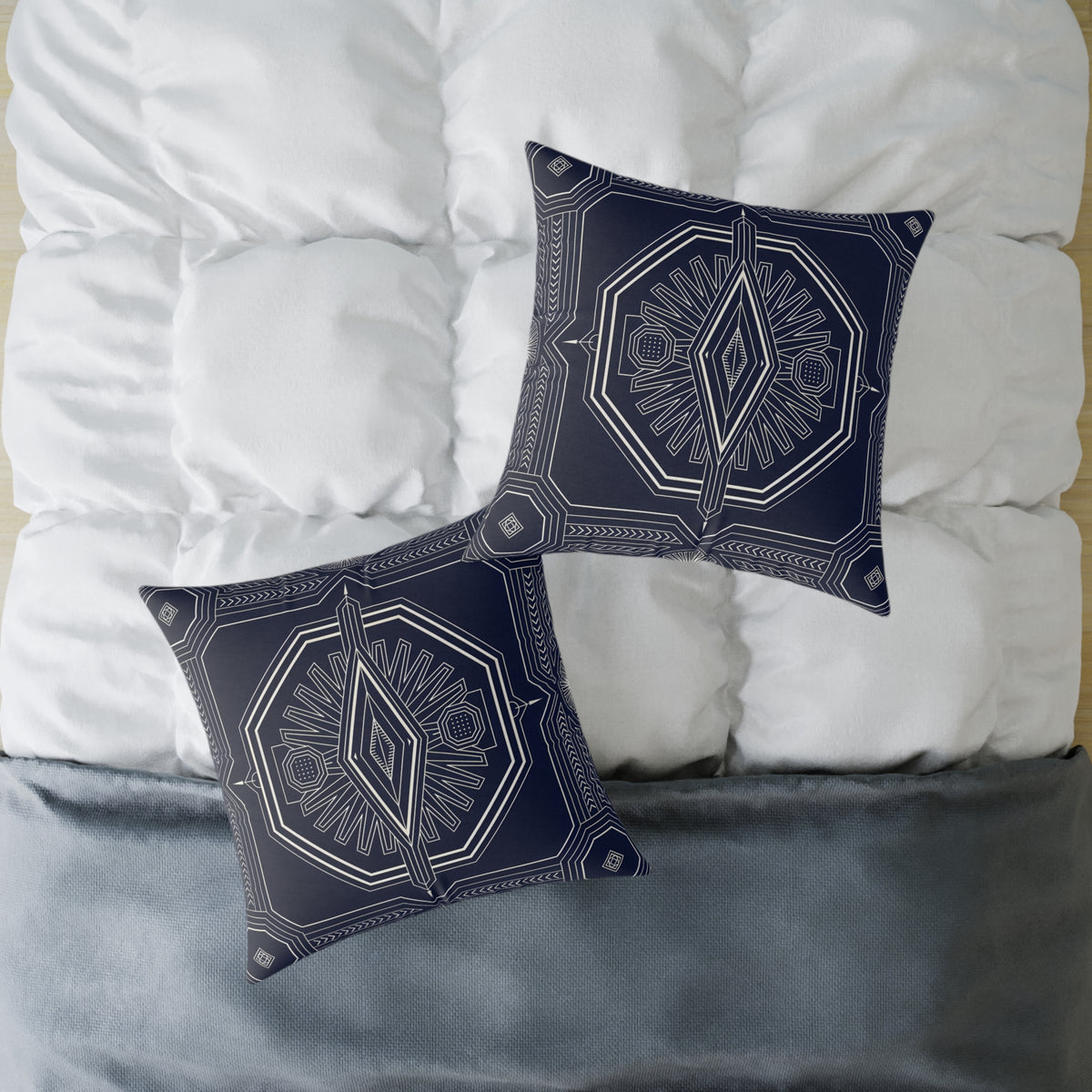 Navy White Geometric Mandala Square Pillow | Tribal Diamond Pattern