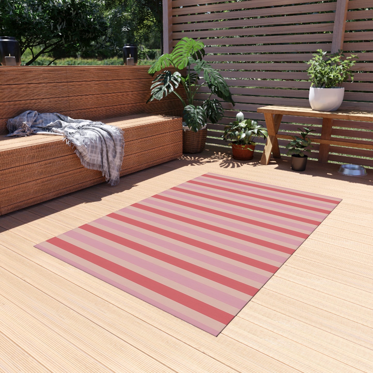 Coral Pink Beige Striped Pattern Outdoor Rug | Patio Mat, Fade-Resistant Stripes