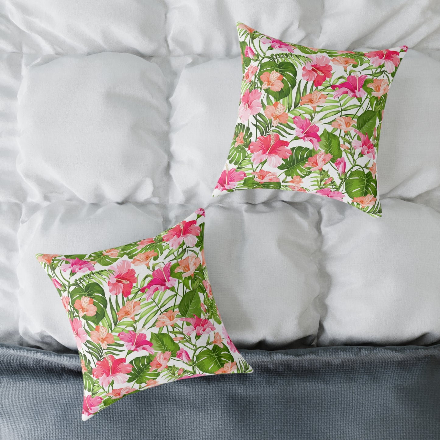 Pink Tropical Hibiscus Floral Square Pillow | Botanical Throw Cushion