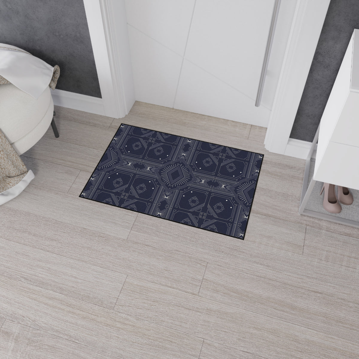 Navy White Geometric Indoor/Outdoor Floor Mat — Durable Non-Slip Rug