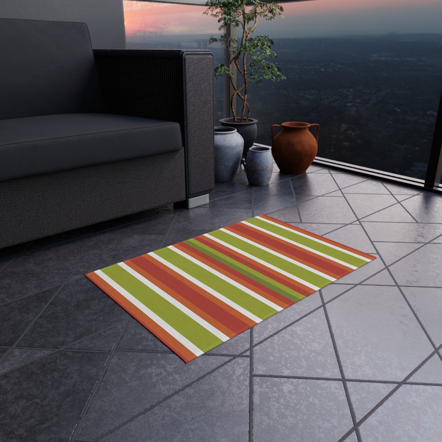 Green Orange White Stripe Outdoor Rug | Patio Door Mat, Weatherproof Porch Runner