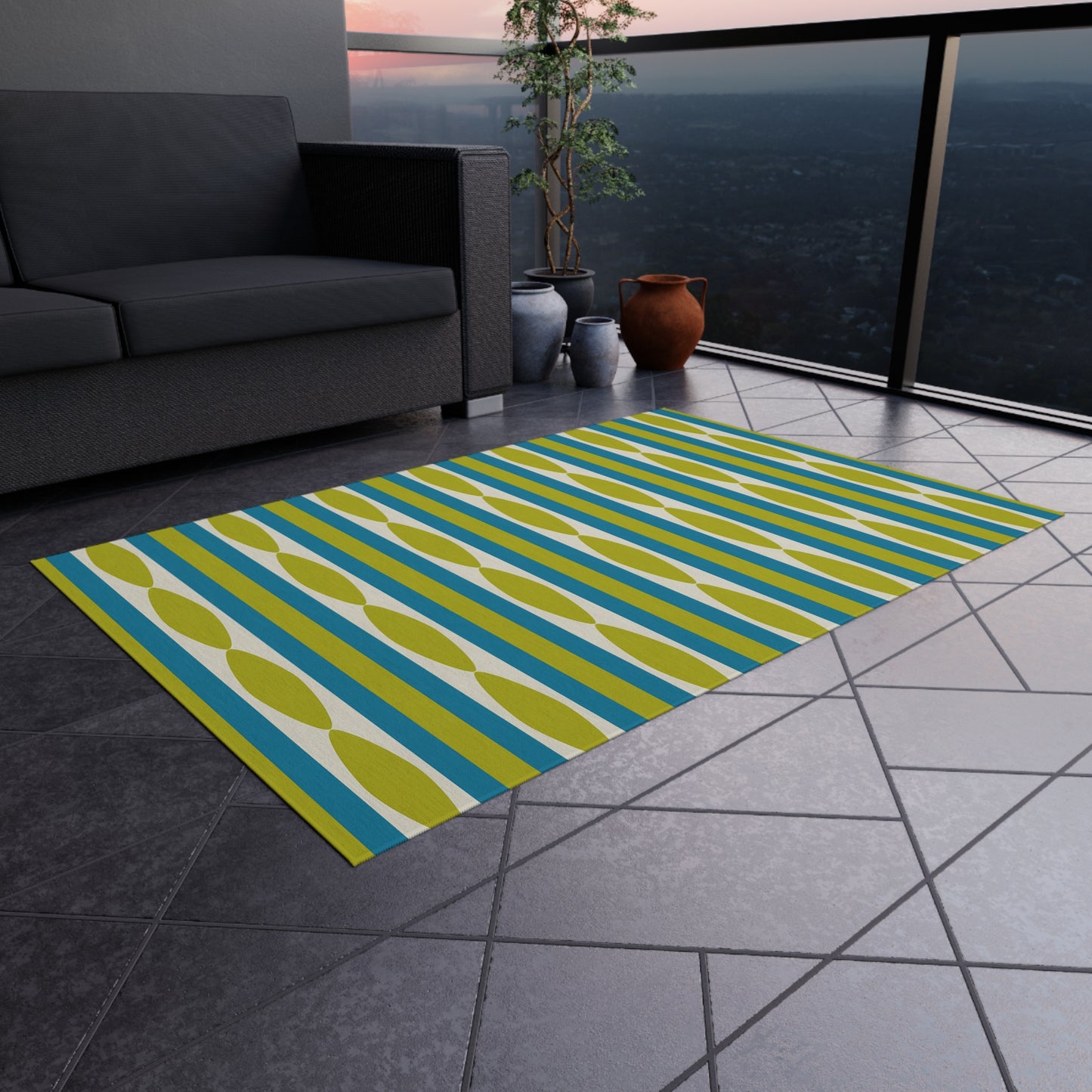 Midcentury Leaf Stripe Outdoor Rug | Patio Mat, Green Blue Linear Pattern