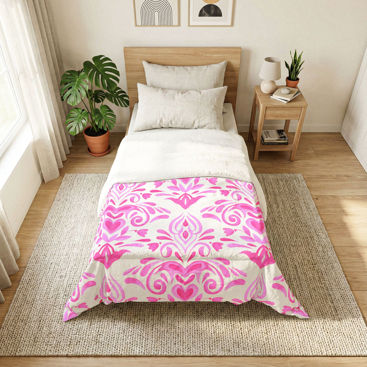 Pink Damask Pattern Cotton Comforter | Floral Heart Motif, Boho Bedroom