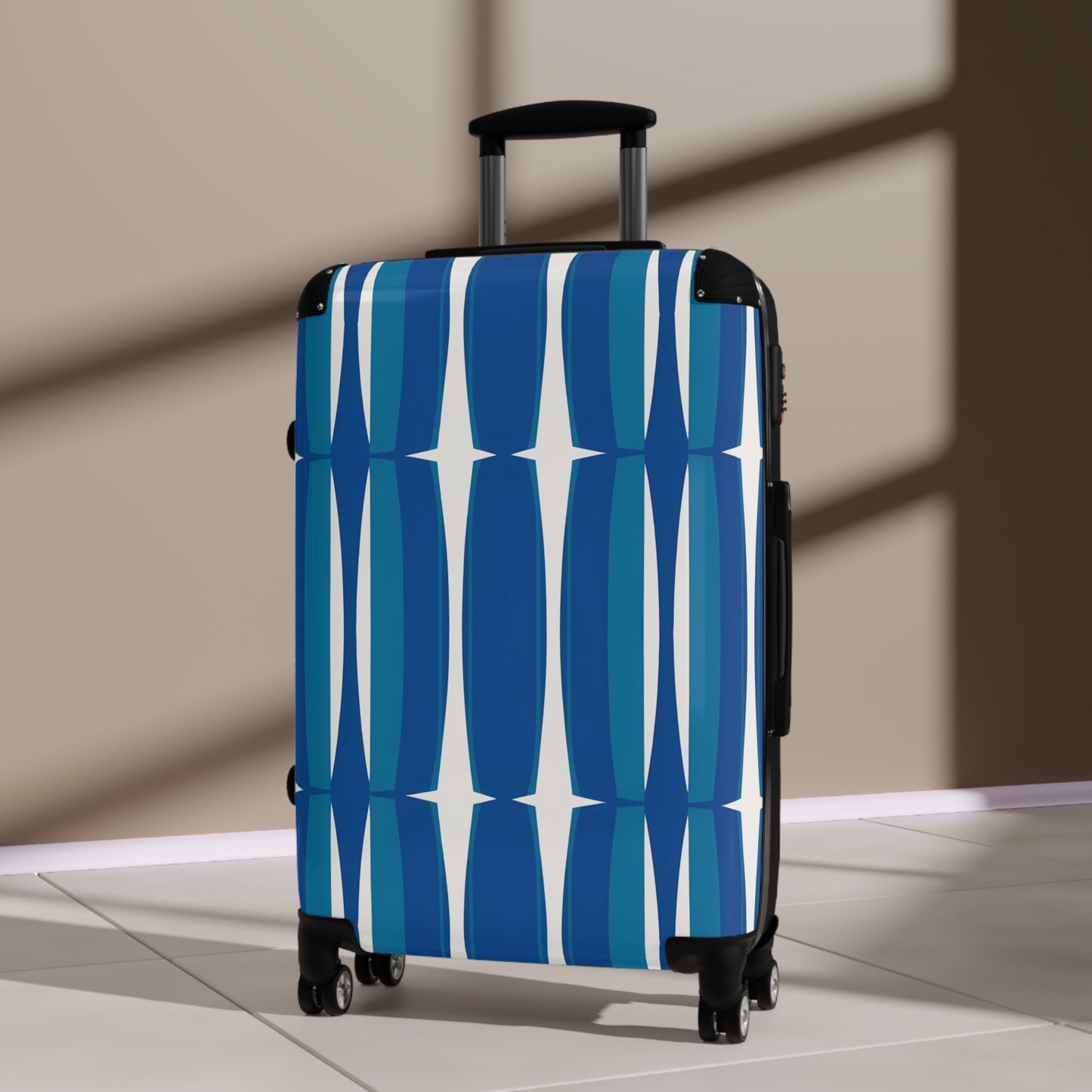 Blue Mid-Century Geometric Suitcase | Retro Stripe Luggage
