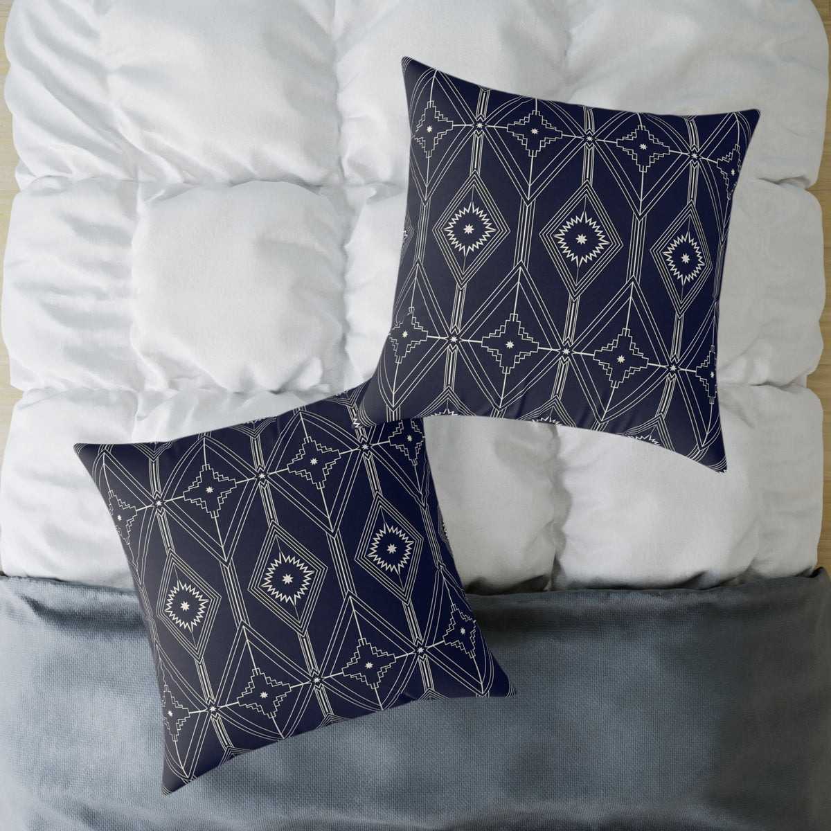 Navy Geometric Diamond Pattern Square Pillow | Boho Tribal Throw Cushion