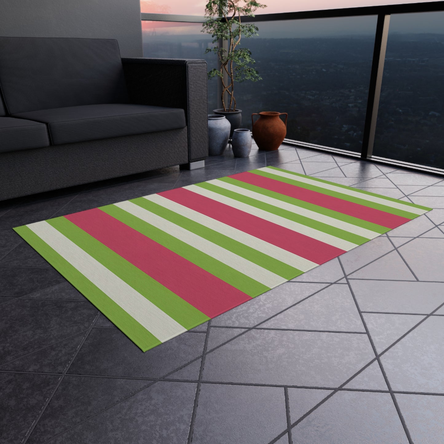 Watermelon Pink and Green Striped Outdoor Rug | Patio Mat