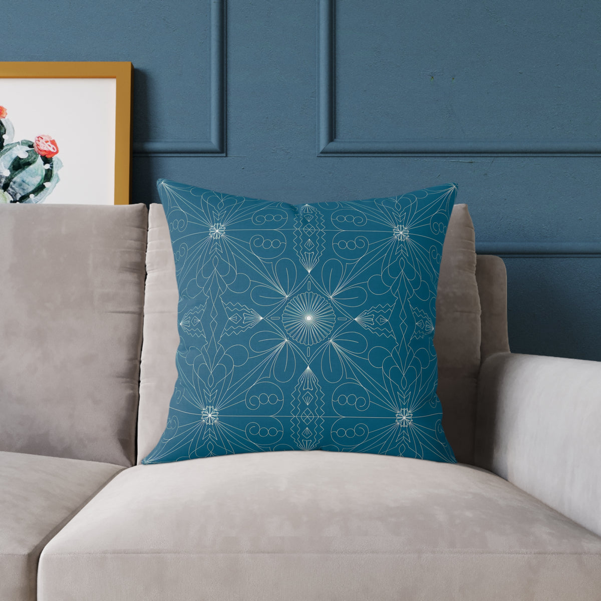 Teal Geometric Mandala Square Poly Canvas Pillow | Floral Star Pattern
