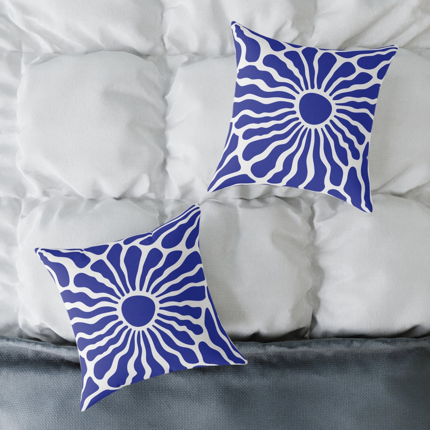 Blue Radiant Sunburst Square Pillow | Boho Coastal Throw Pillow