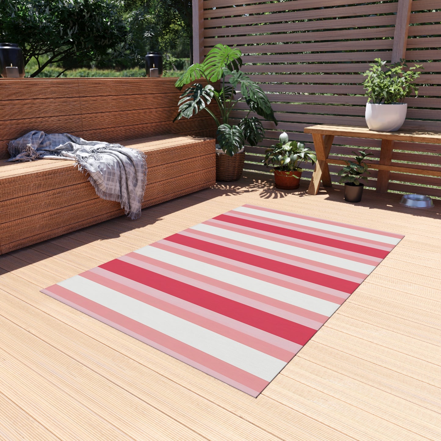Pink White Striped Outdoor/Indoor Rug | Patio Mat, Red and Blush Stripes