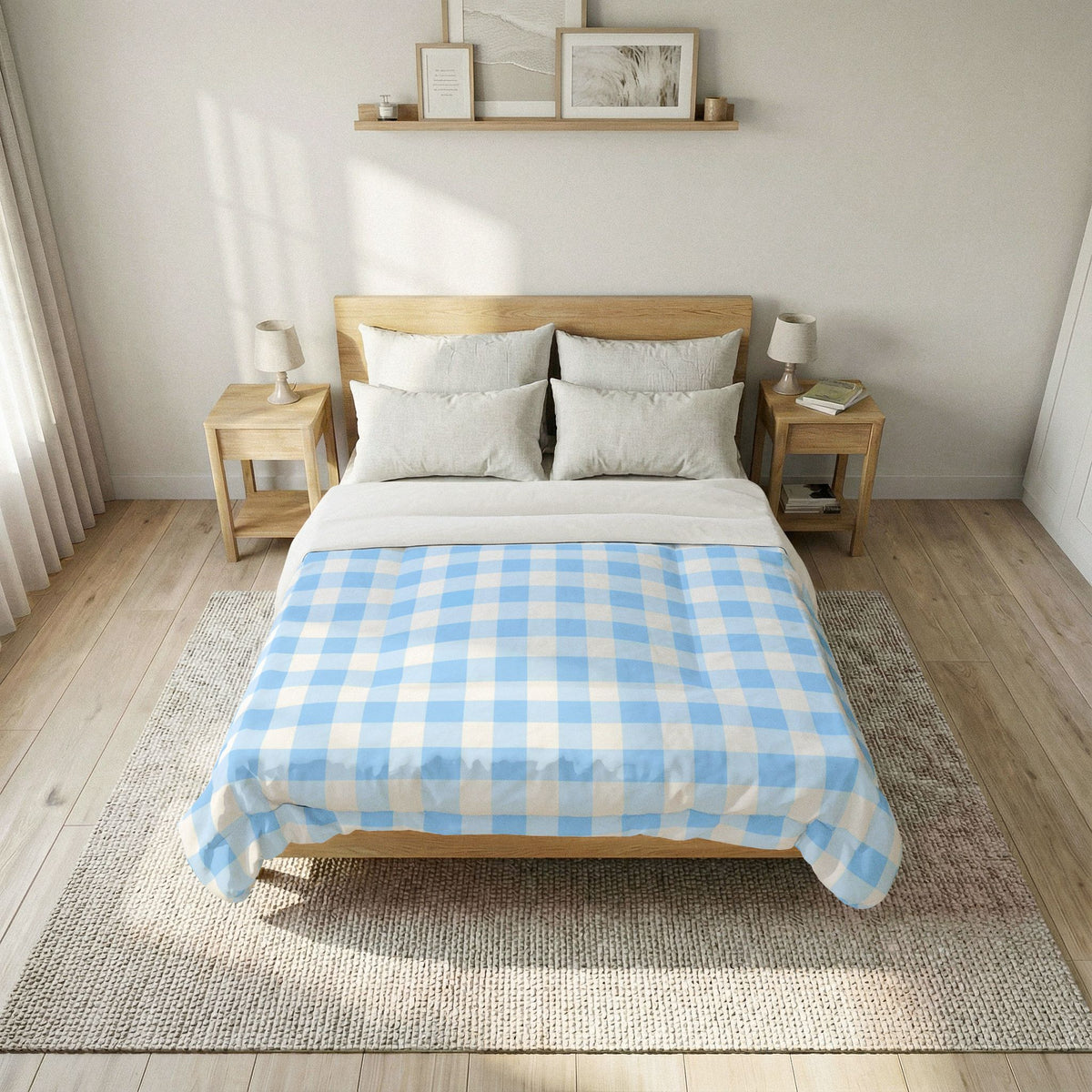 Blue White Gingham Plaid Cotton Comforter | Light Buffalo Check Bedding