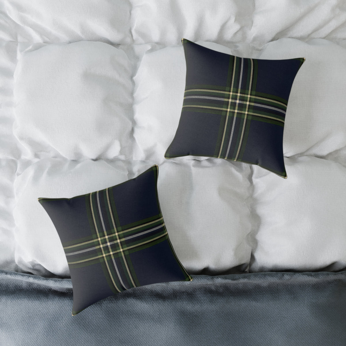 Green Navy Black Beige White Plaid Throw Pillow | Square Poly Canvas Pillow