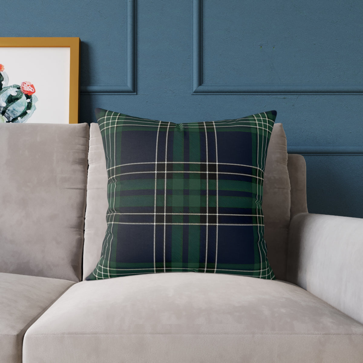 Green Navy White Tartan Plaid Square Poly Canvas Pillow | Woodland Plaid Throw Pillow