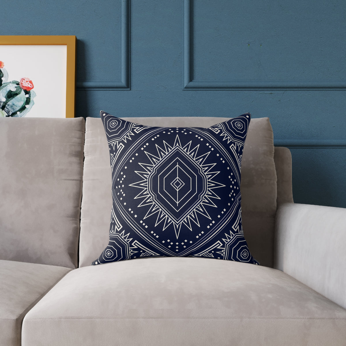 Navy Mandala Starburst Square Pillow | Boho Geometric Throw Cushion