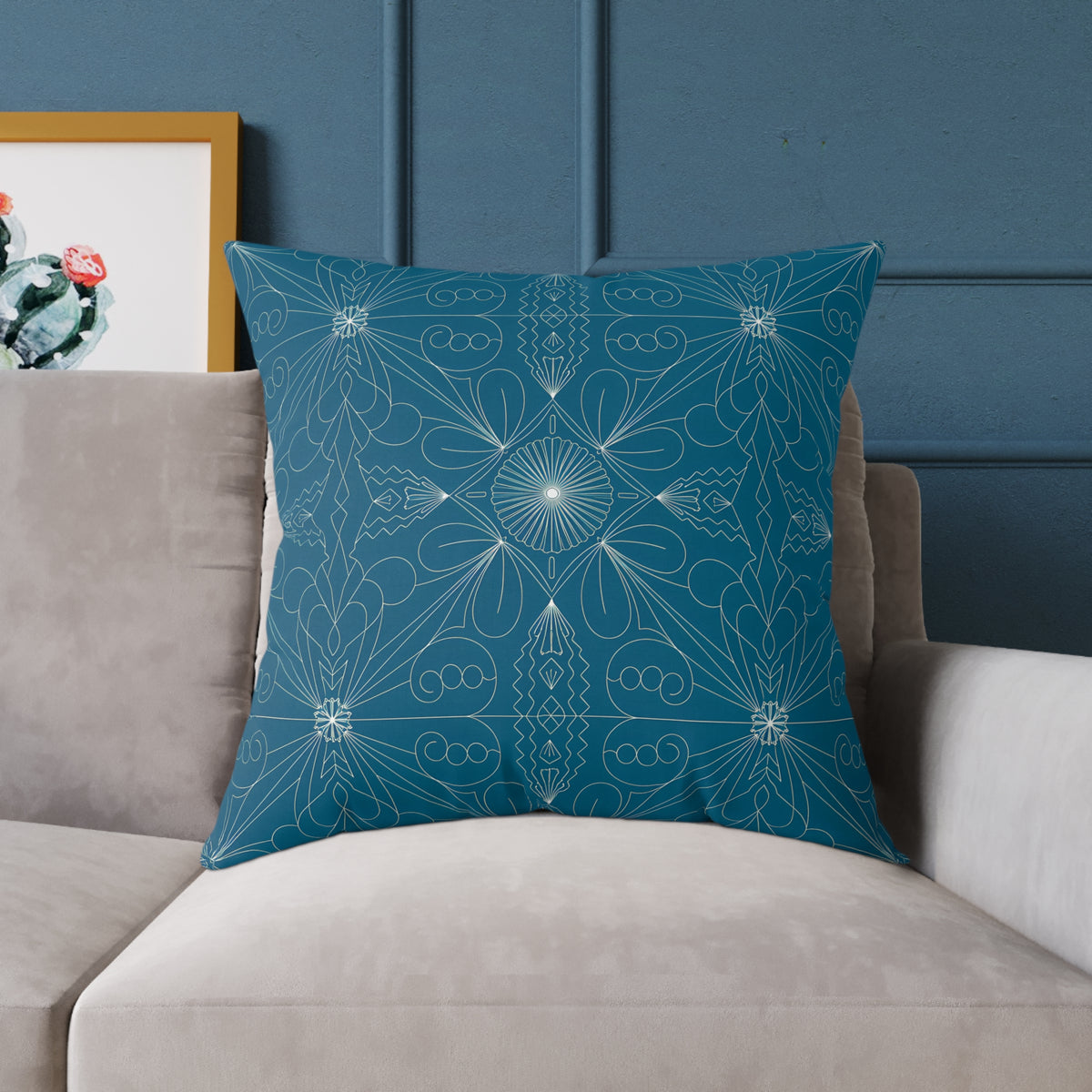 Teal Geometric Mandala Square Poly Canvas Pillow | Floral Star Pattern