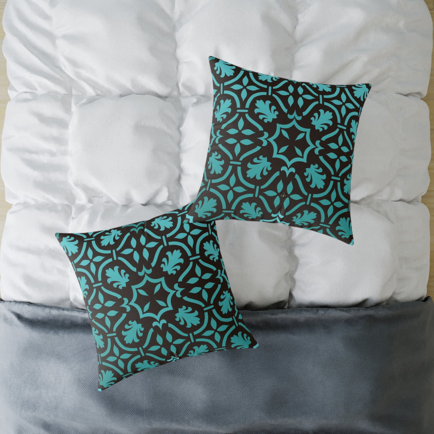 Teal Black Moroccan Tile Square Pillow | Poly Canvas Decorative Pillow