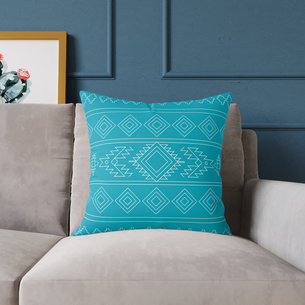 Aztec Diamond Pattern Square Poly Canvas Pillow | Turquoise Geometric Throw Pillow