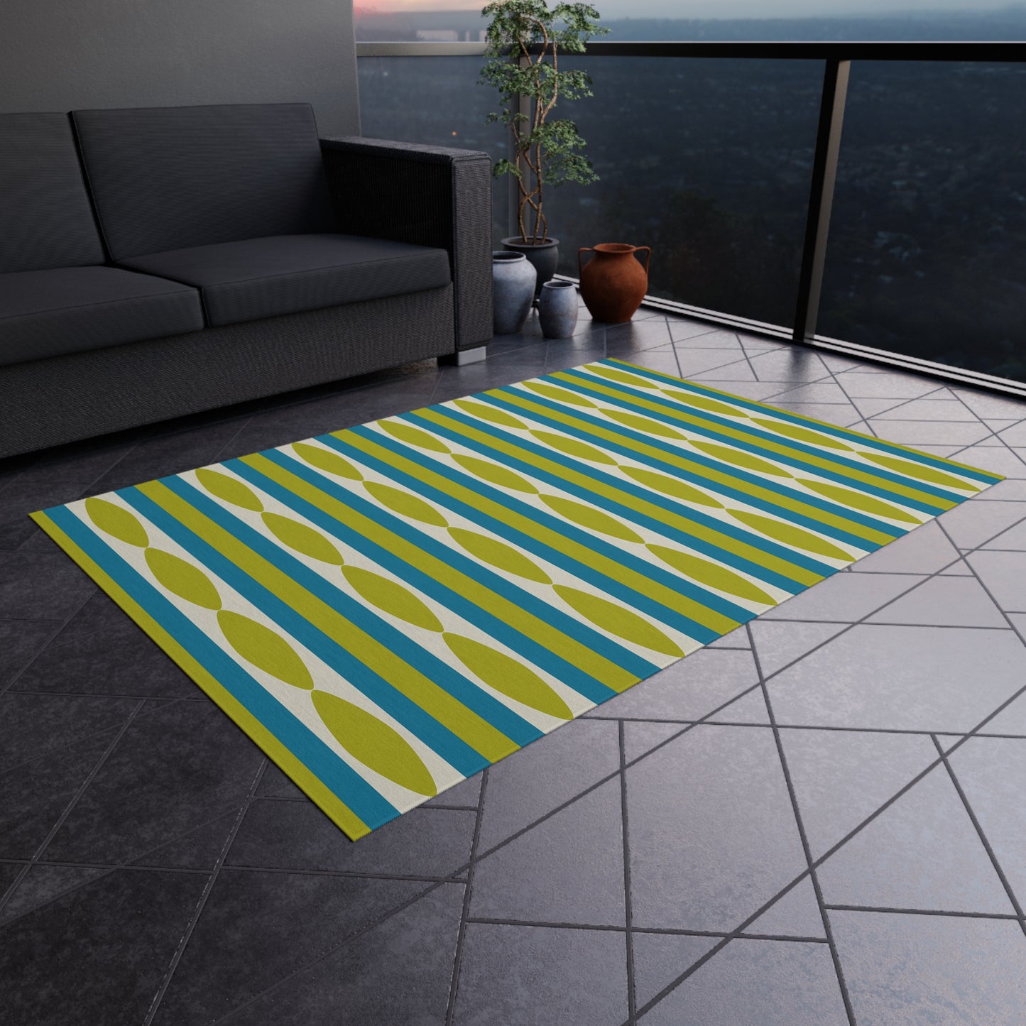 Midcentury Leaf Stripe Outdoor Rug | Patio Mat, Green Blue Linear Pattern