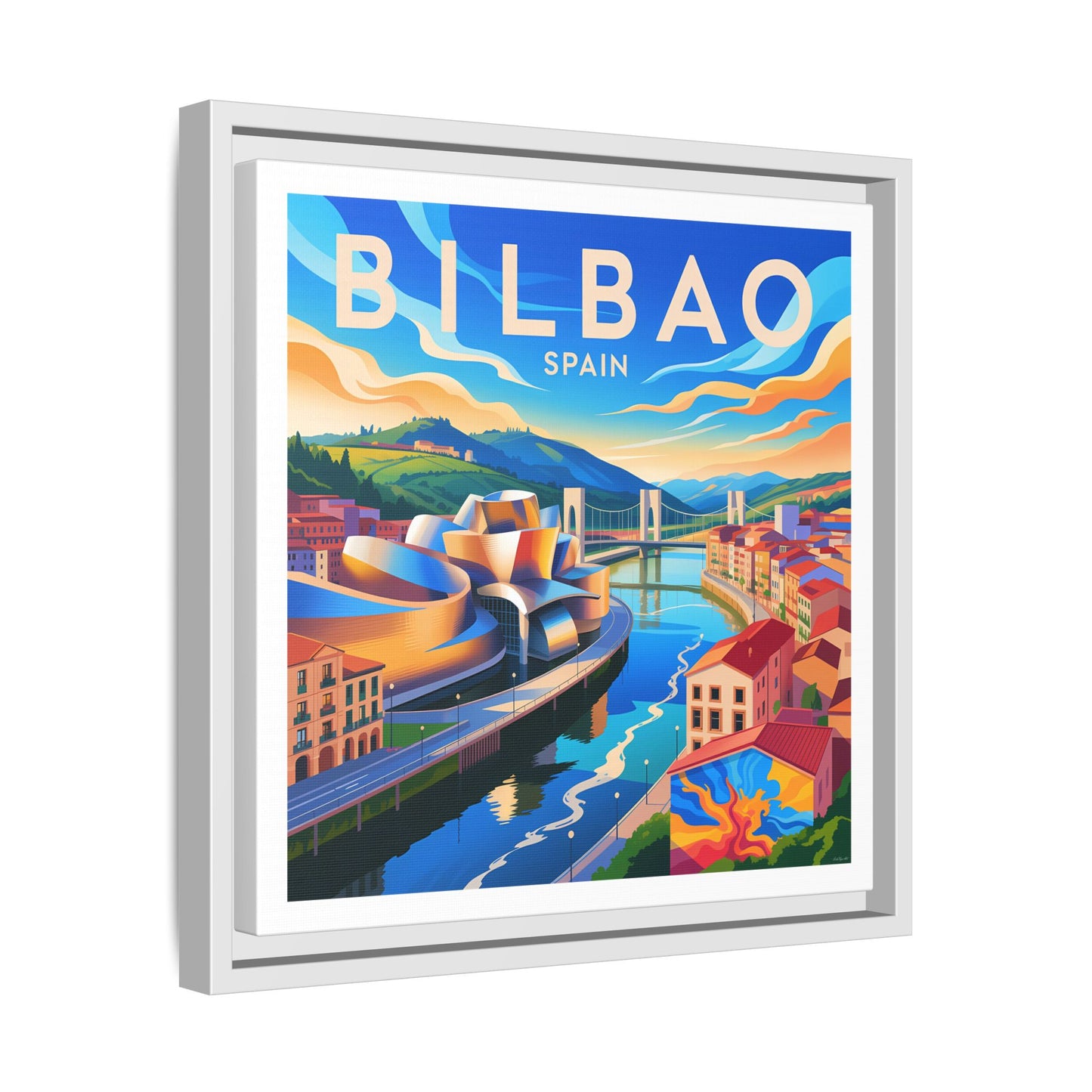 Bilbao Spain travel art Matte Canvas Framed | Bilbao cityscape wall art