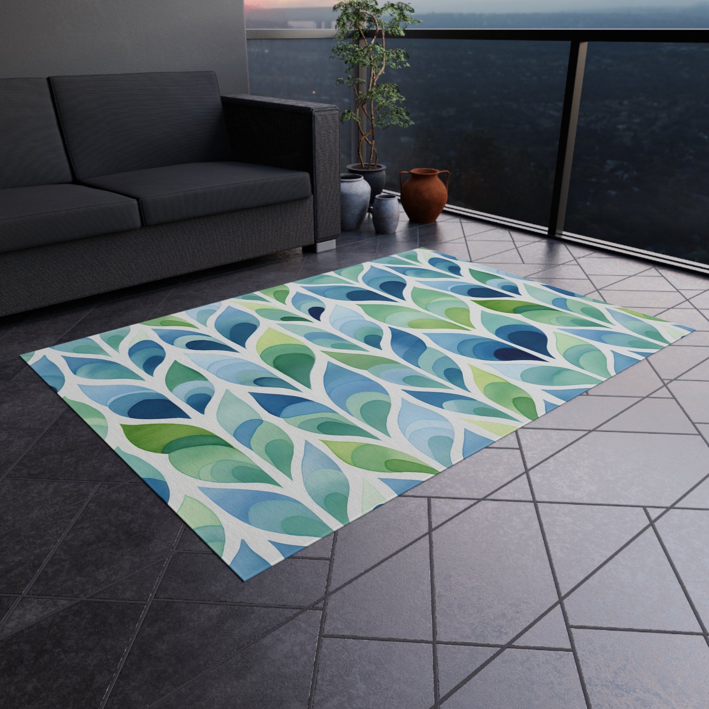 Blue Green Leaf Pattern Outdoor/Indoor Rug | Patio Mat