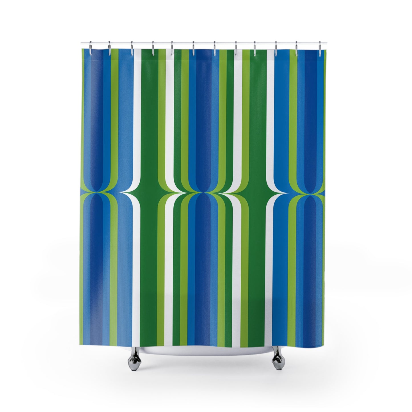 Retro Green Blue Striped Shower Curtain | Mid-Century Modern Bathroom