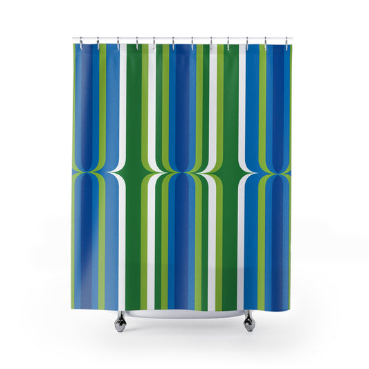 Retro Green Blue Striped Shower Curtain | Mid-Century Modern Bathroom