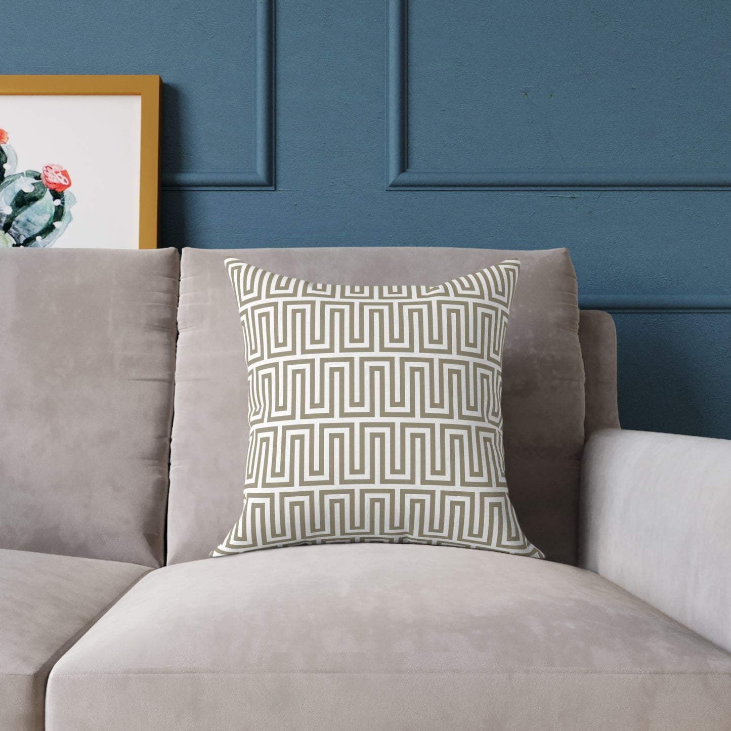 Tan White Greek Key Geometric Pattern Pillow | Square Poly Canvas Throw Pillow