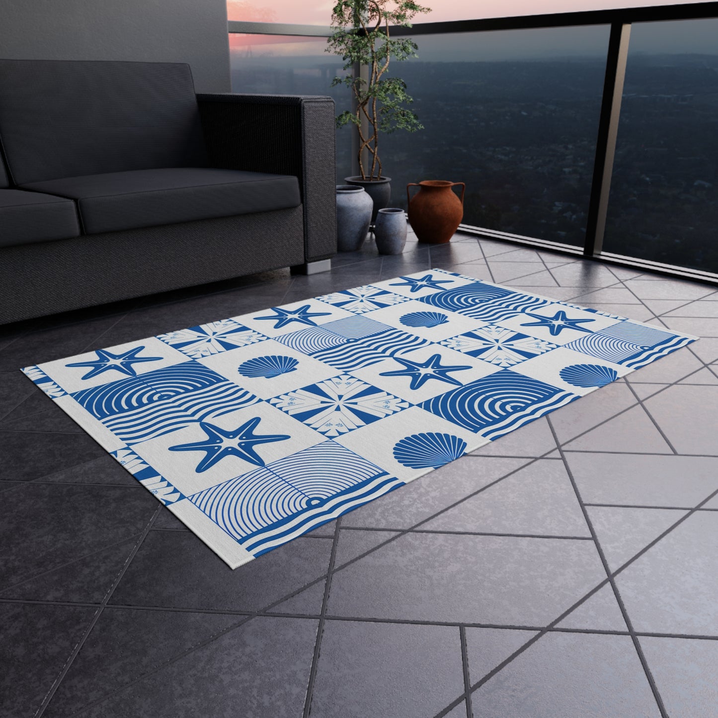 Nautical Seashell Starfish Checkered Outdoor/Indoor Rug | Coastal Patio Mat