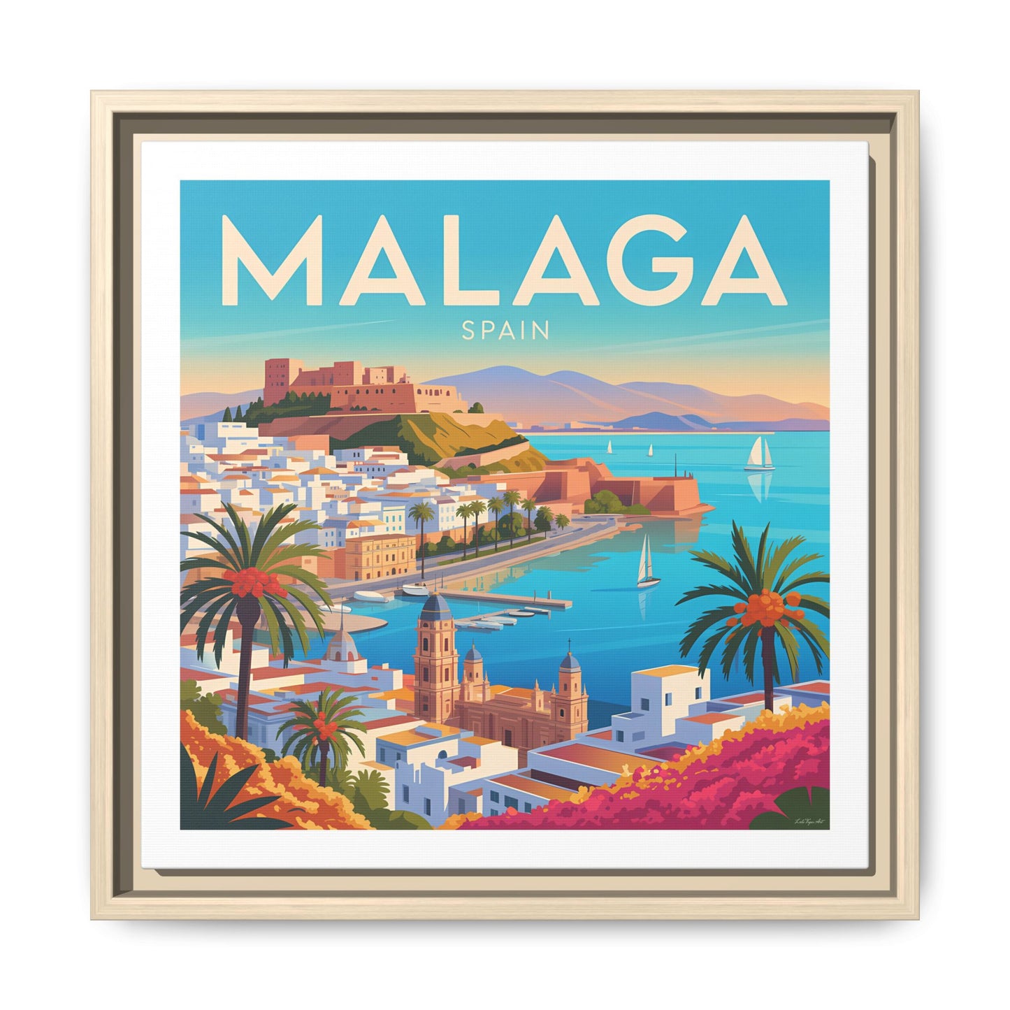 Malaga Spain Coastal  Matte Canvas Framed Wall Art| Vintage Style Travel Art