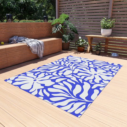 Blue White Floral Pattern Outdoor/Indoor Rug | Tropical Leaf Design
