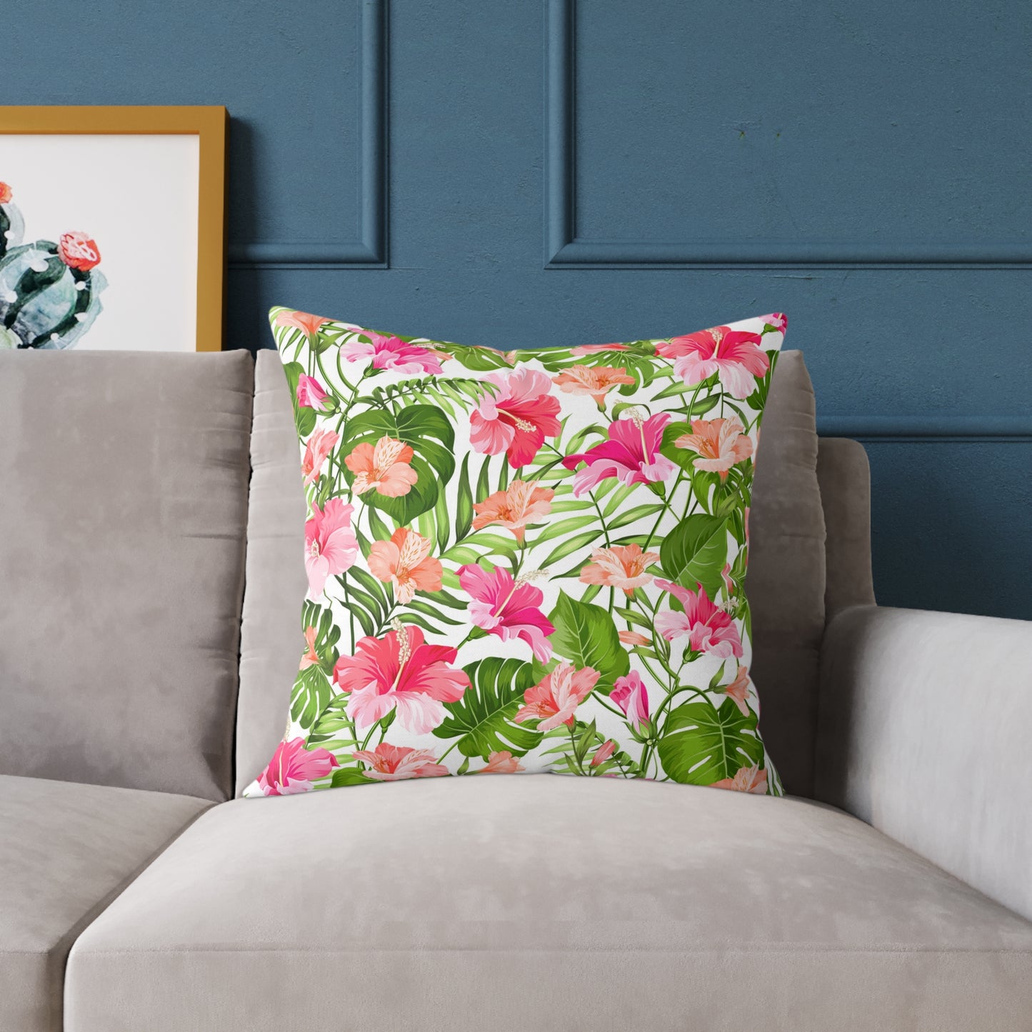 Pink Tropical Hibiscus Floral Square Pillow | Botanical Throw Cushion