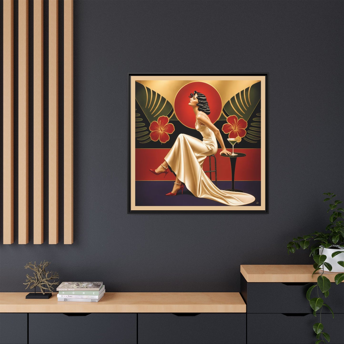 Art Deco Lady Red Green Beige Tropical Canvas Framed Wall Art | Matte Print