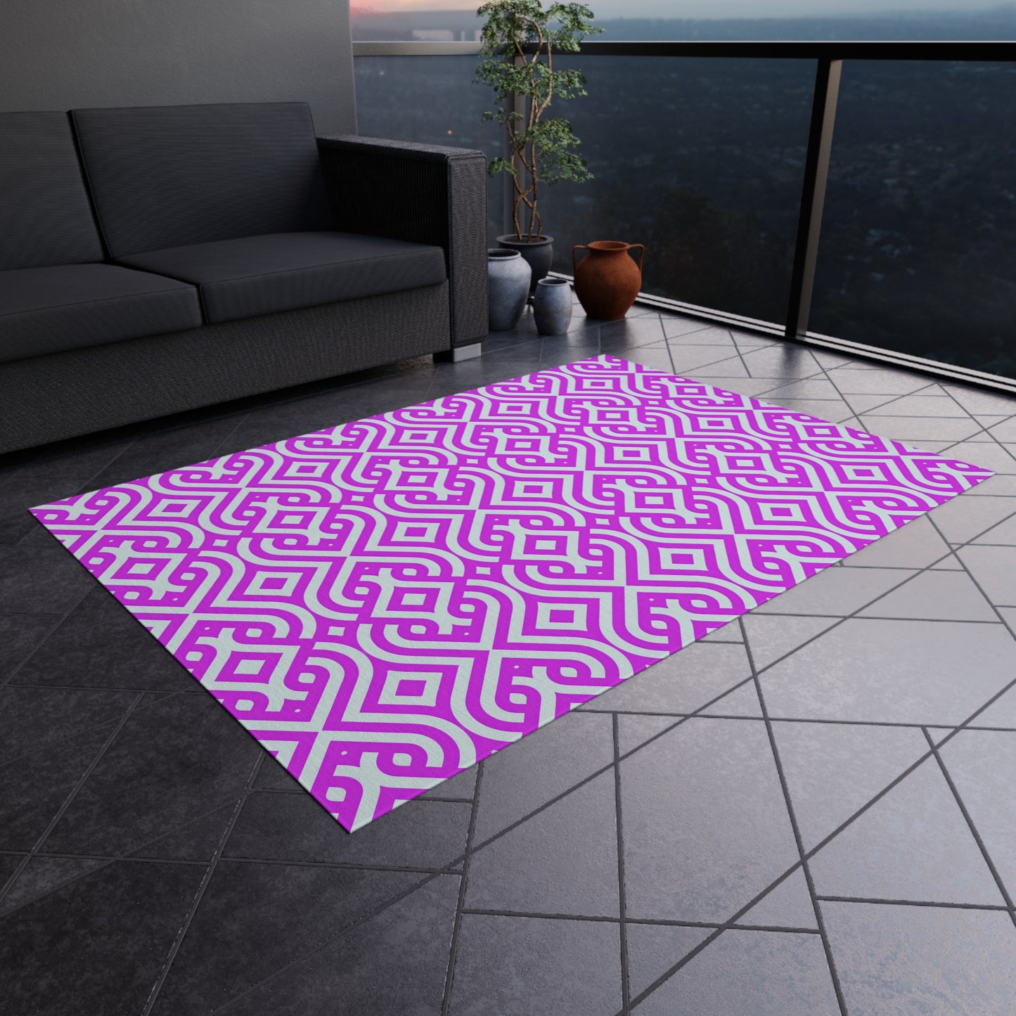 Geometric Moroccan Tile Outdoor/Indoor Rug | Magenta Pink White Patterned Patio Mat