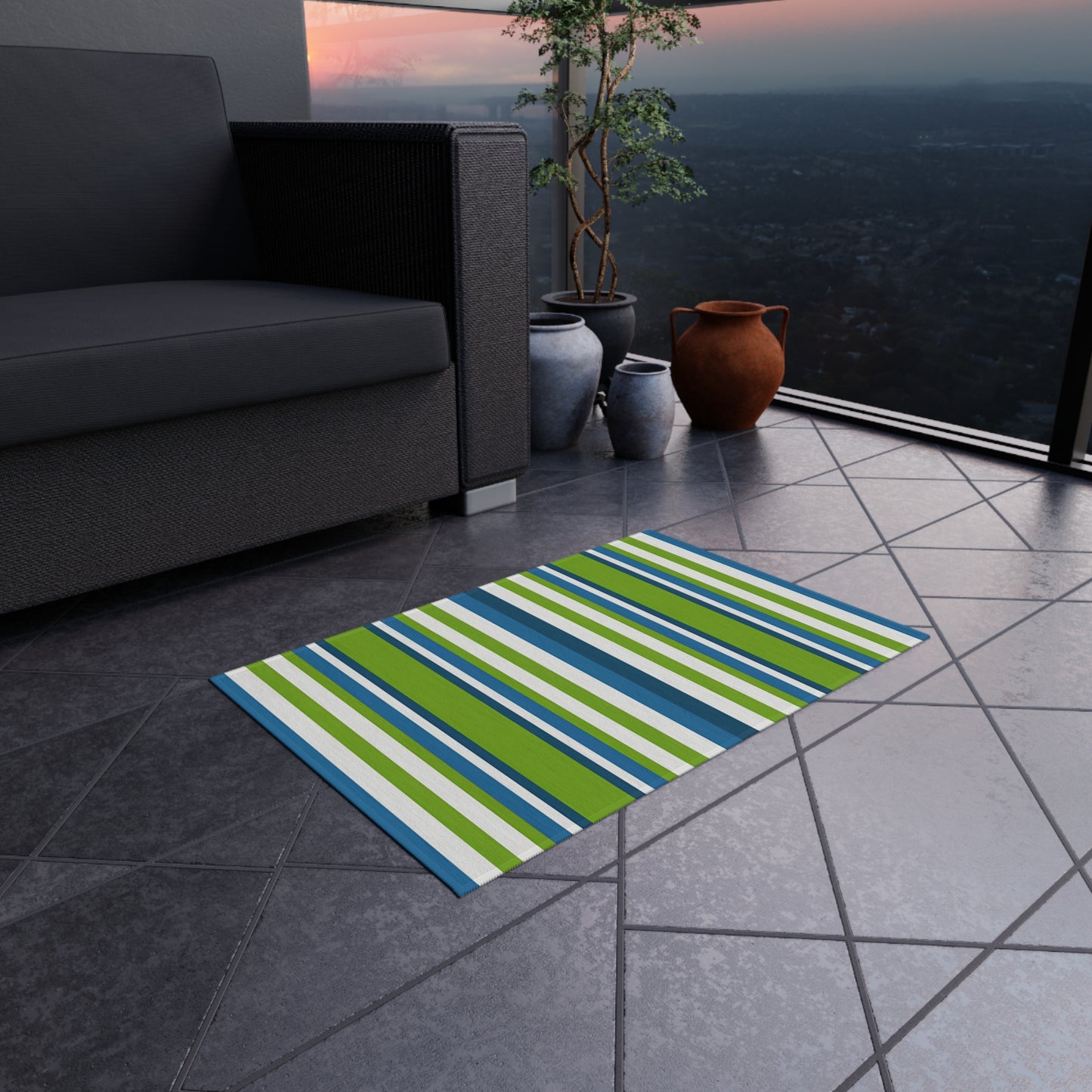 Blue Green Stripe Outdoor/Indoor Rug | Patio Mat, Deck Striped Rug