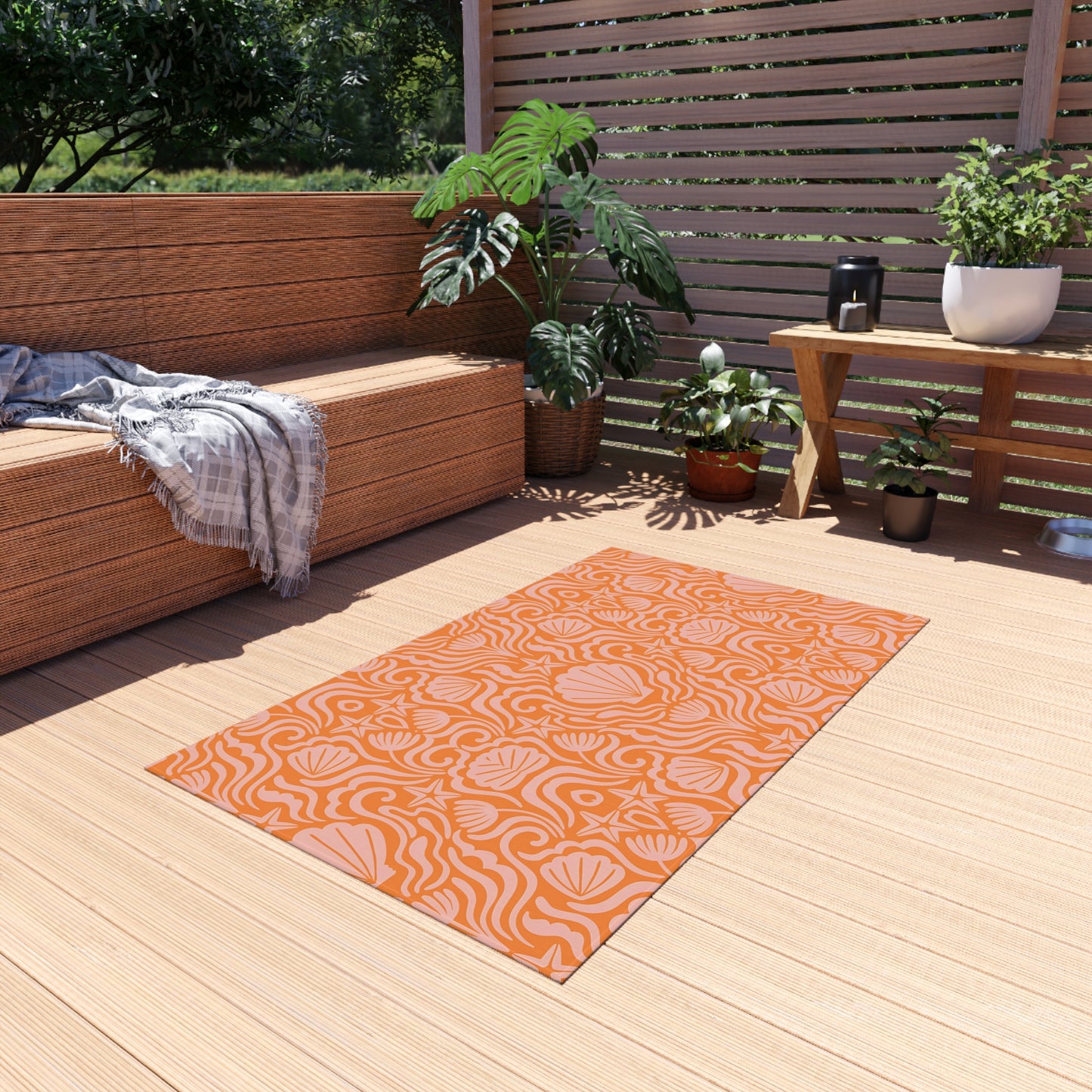 Orange-Light Orange Seashell Pattern Outdoor/Indoor Rug | Coastal Patio Mat
