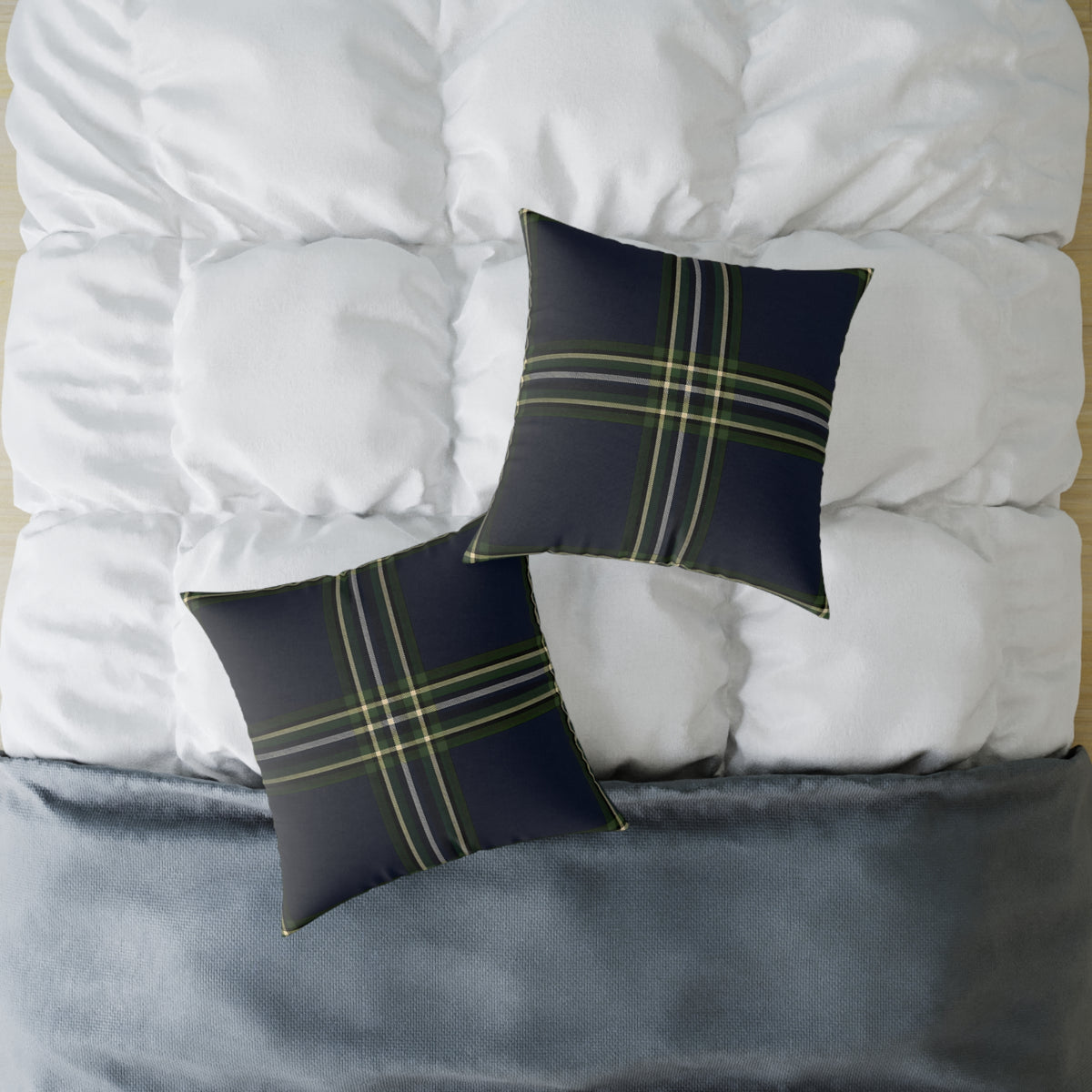 Green Navy Black Beige White Plaid Throw Pillow | Square Poly Canvas Pillow