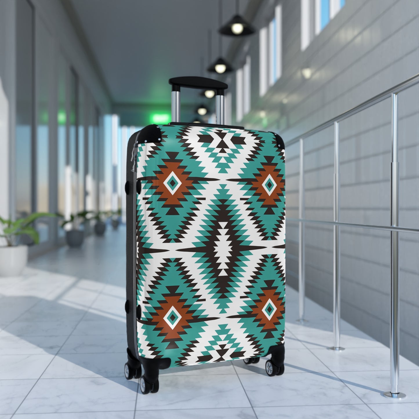 Southwestern Aztec Pattern Suitcase | Turquoise Brown Geometric Luggage