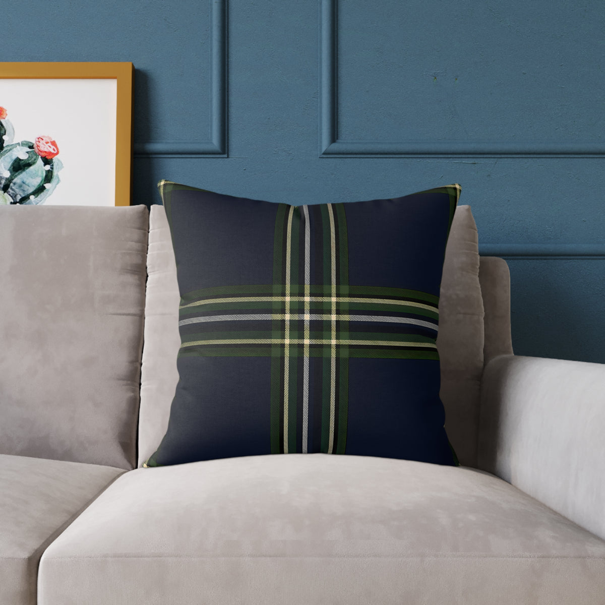 Green Navy Black Beige White Plaid Throw Pillow | Square Poly Canvas Pillow