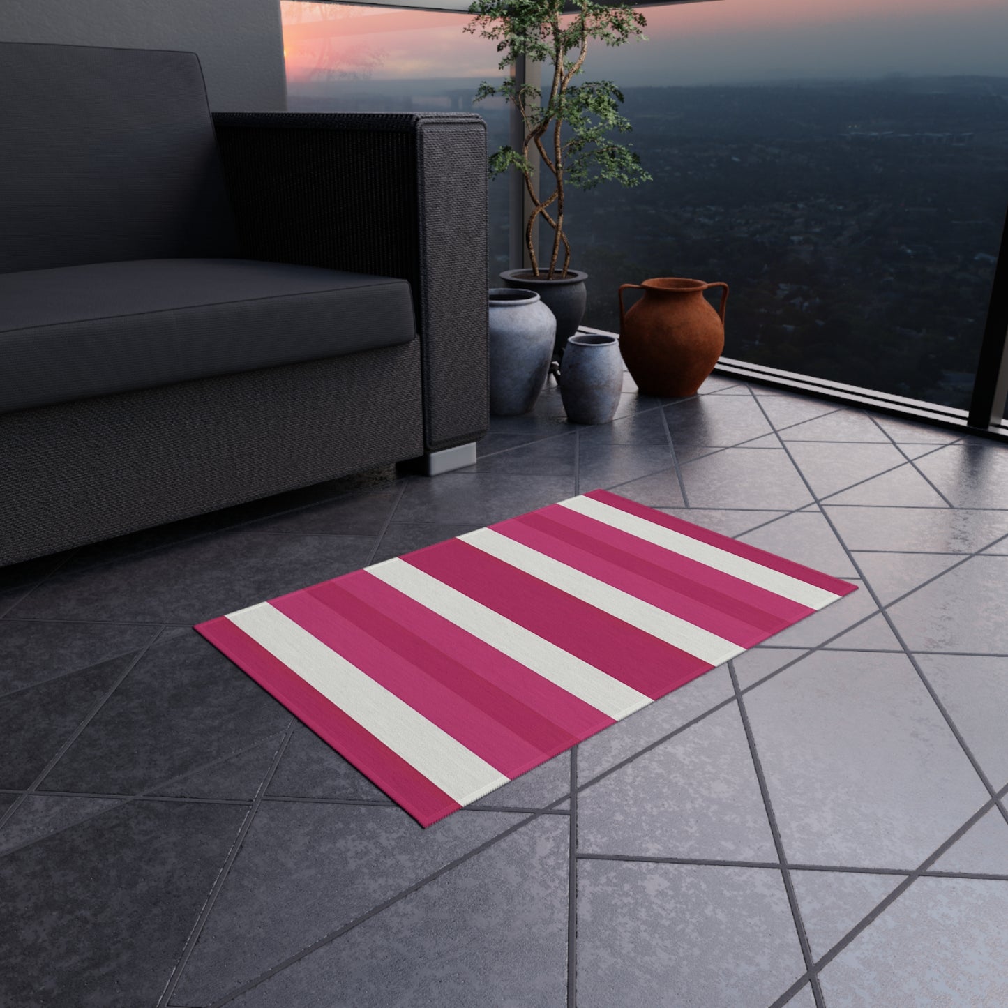 Pink and White Striped Outdoor/Indoor Rug | Patio Mat, Sunroom Deck