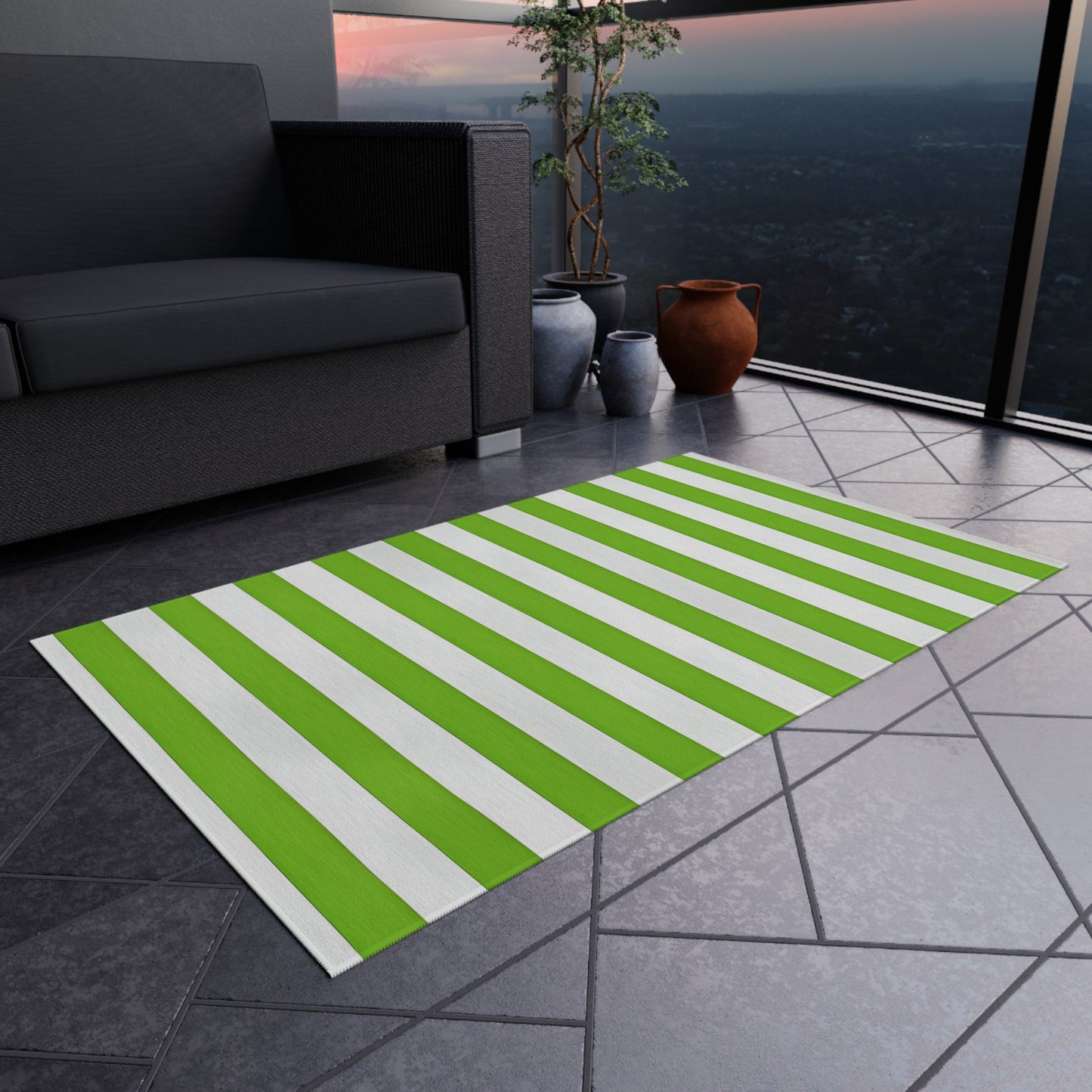 Green and White Striped Indoor/Outdoor Rug | Patio Mat, Weather-Resistant Flooring
