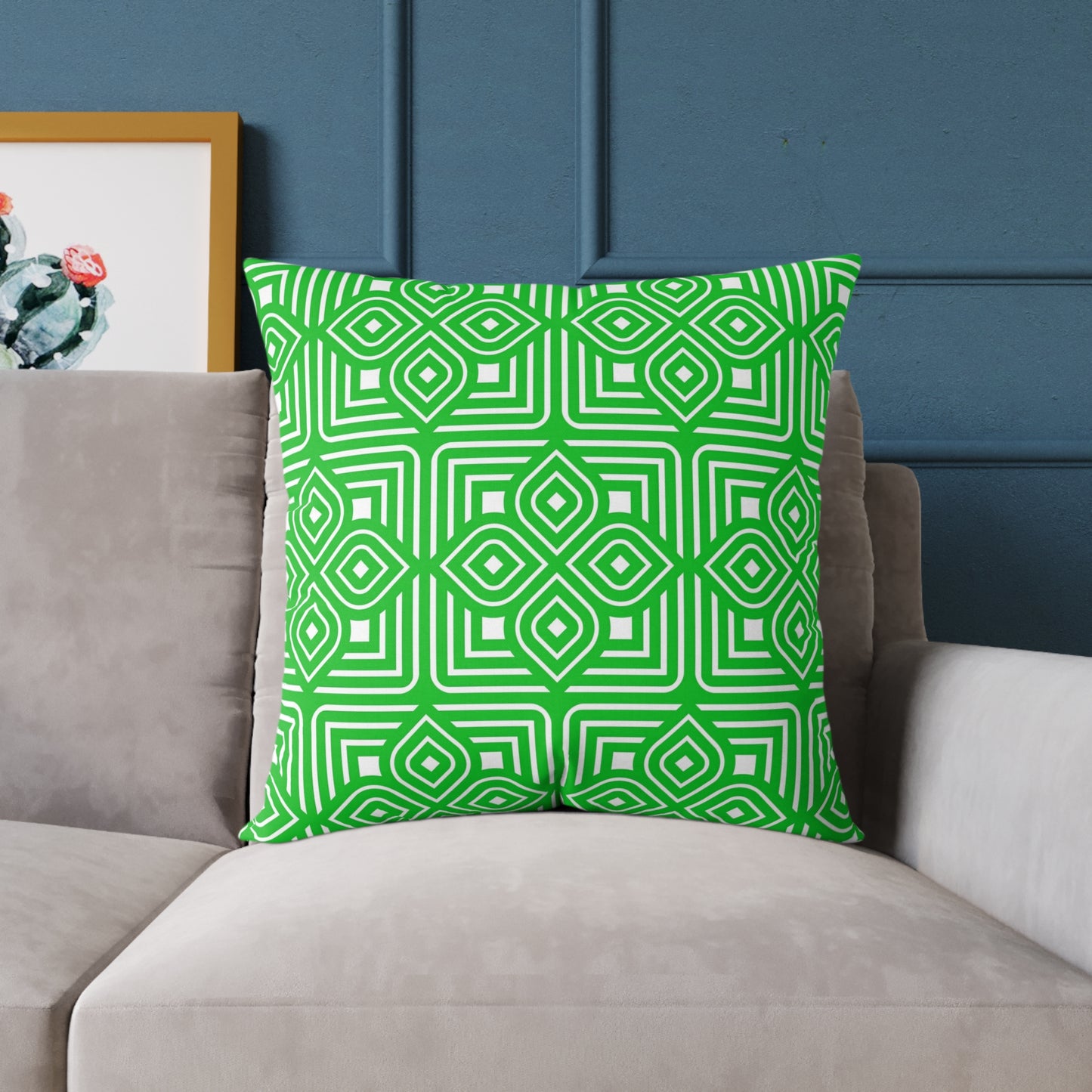 Geometric Diamond Tile Square Pillow | Green White Pattern Throw Pillow