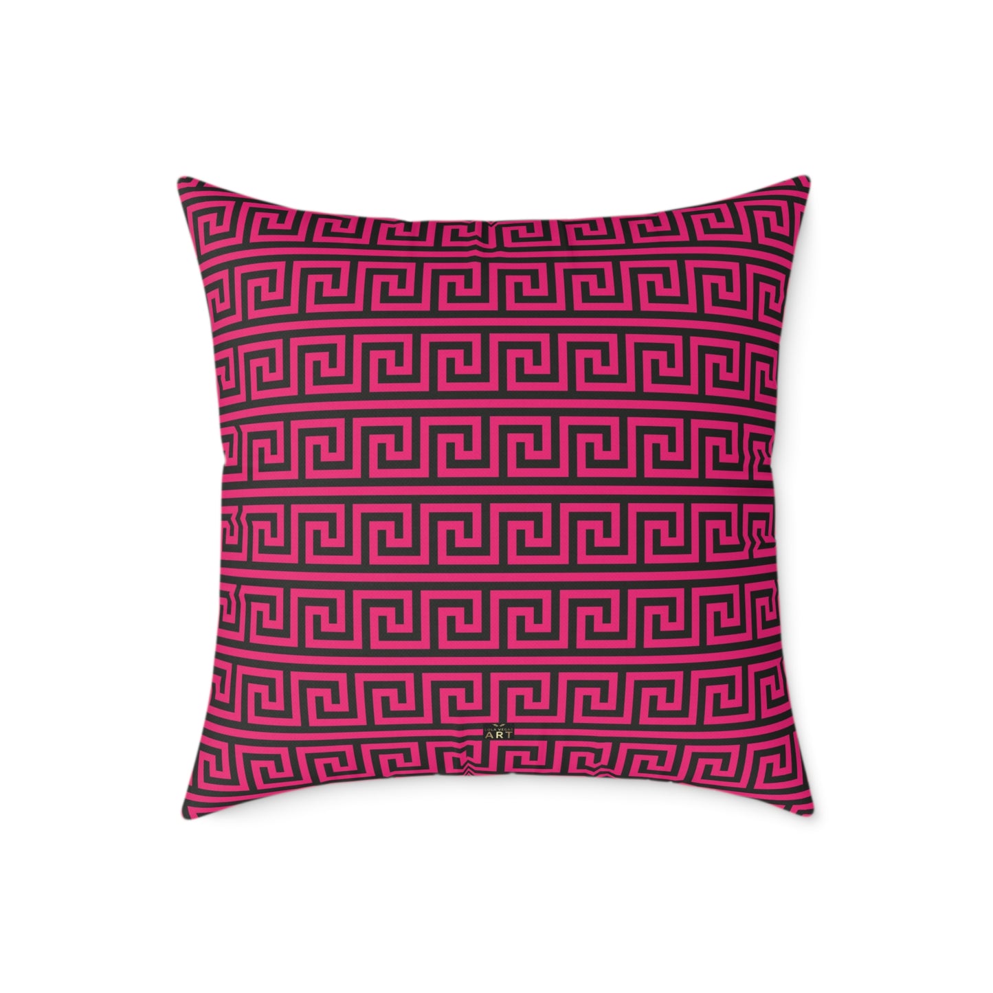 Greek Key Pattern Square Poly Canvas Pillow | Pink and Black Geometric Throw Pillow