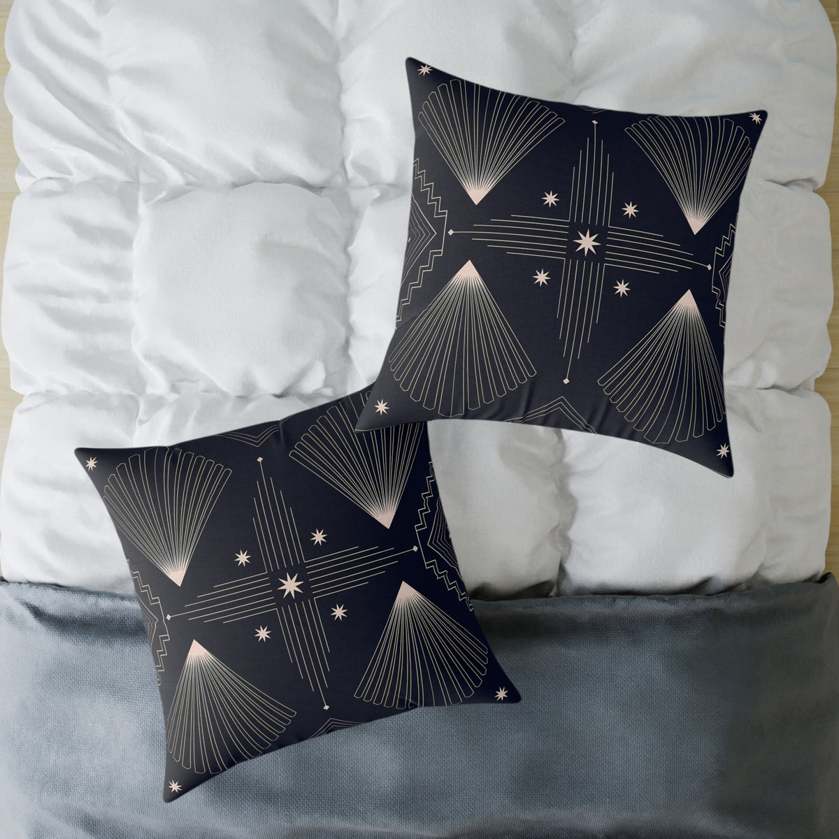 Indigo Blue Art Deco Starburst Square Pillow | Geometric Night Sky Throw Pillow