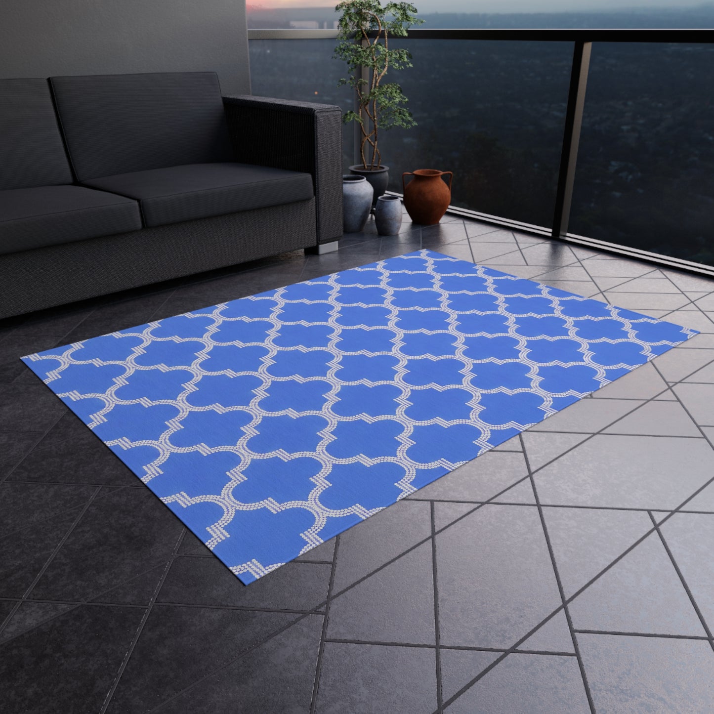 Blue Periwinkle Moroccan Trellis Outdoor/Indoor Rug | Geometric Patio Mat