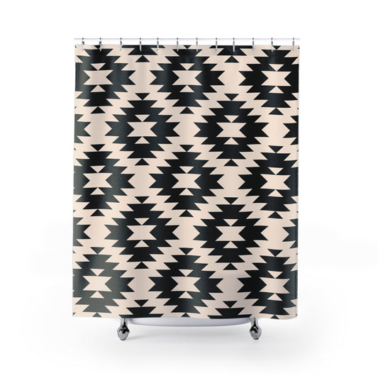 Southwestern Geometric Shower Curtain | Black Off-White Aztec Pattern