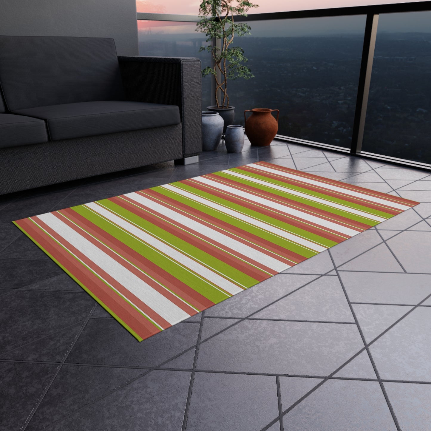 Green Red White Stripe Outdoor/Indoor Rug | Patio Deck Mat, Weatherproof Striped Rug