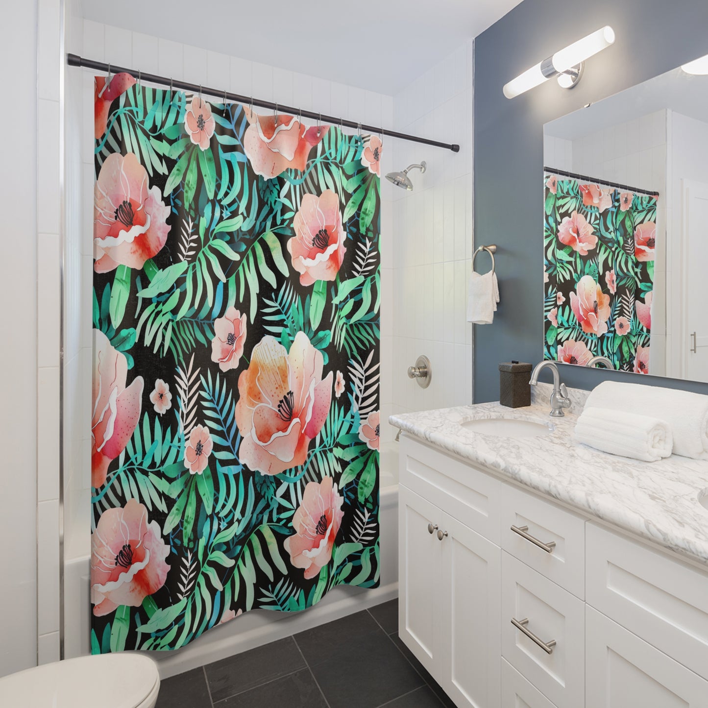 Coral Poppy Floral Tropical Shower Curtain | Green Palm Leaves