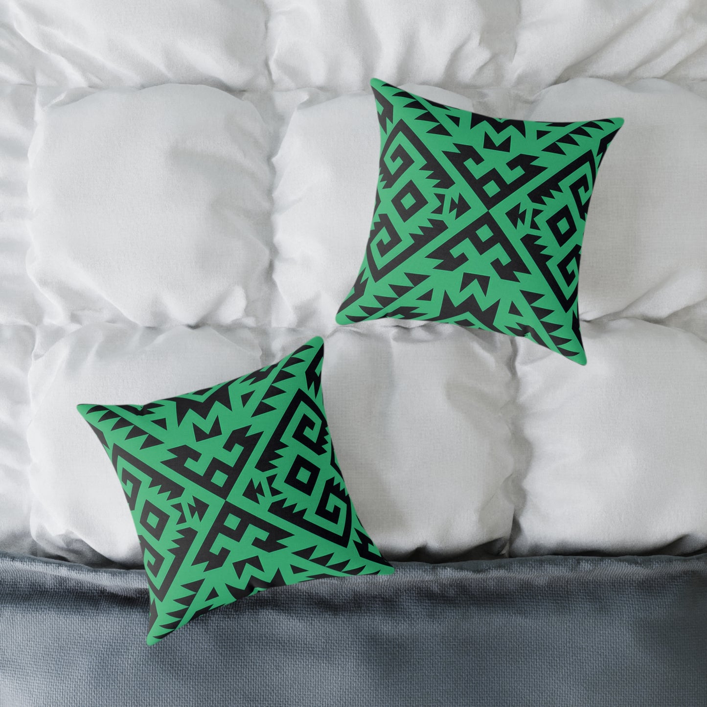 Green Boho Aztec Geometric Pattern Pillow | Square Poly Canvas Pillow