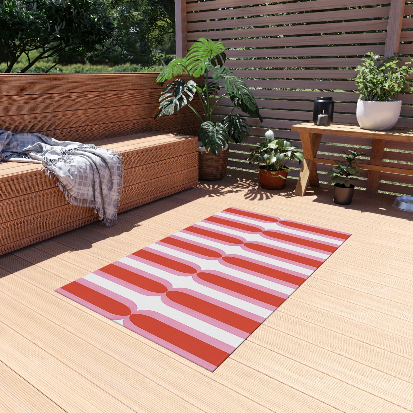 Retro Pink Orange White Stripe Outdoor/Indoor Rug | Geometric Patio Mat