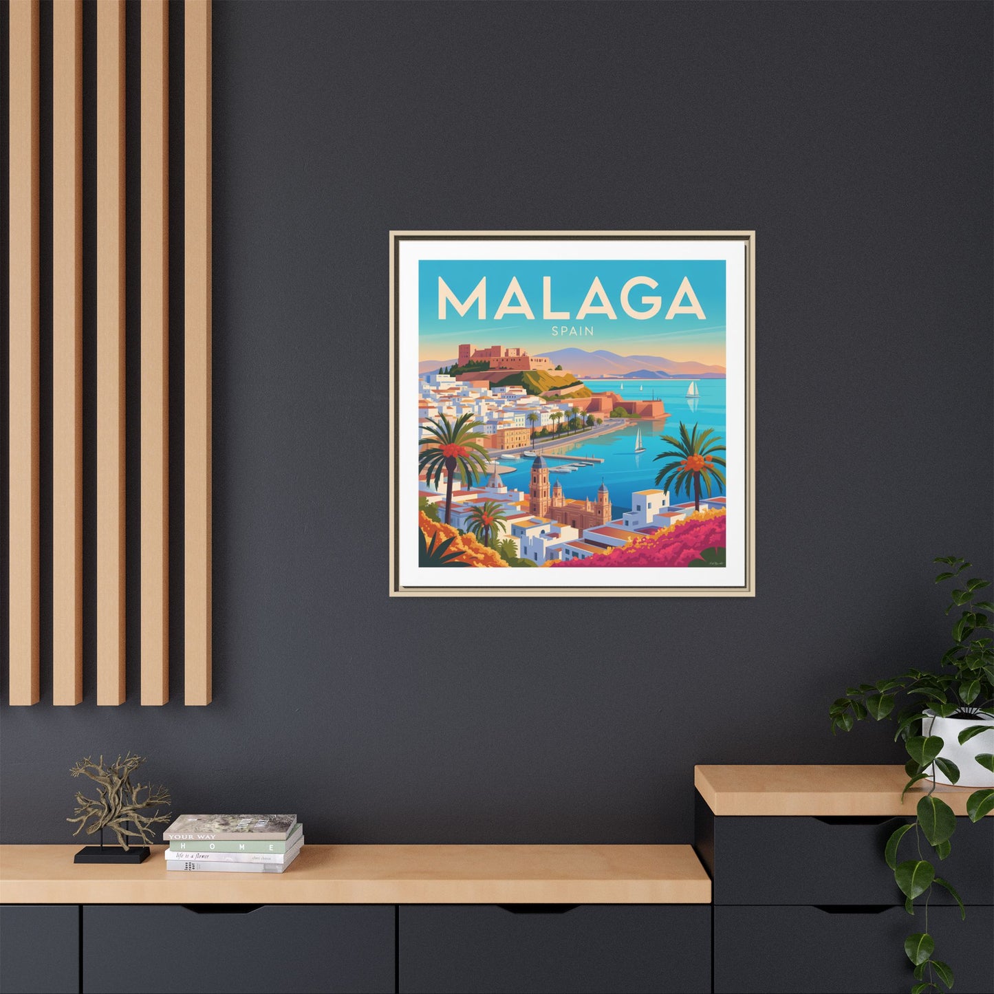 Malaga Spain Coastal  Matte Canvas Framed Wall Art| Vintage Style Travel Art
