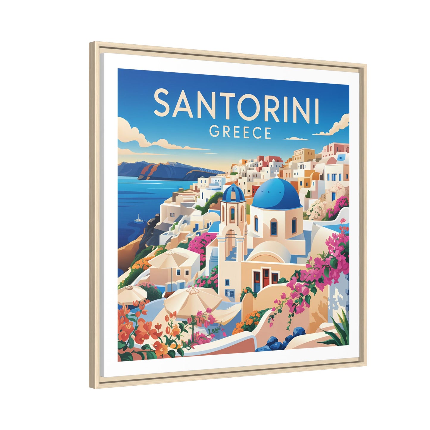 Santorini Greece Travel Art Matte Canvas Framed Wall Art
